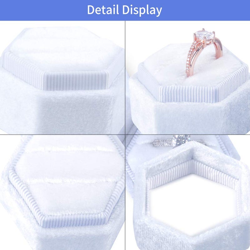 DesignSter Velvet Ring Box Hexagon - Premium Gorgeous Vintage Double Ring Display Holder with Detachable Lid for Proposal, Engagement, Wedding, Ceremony (White) - Image 3